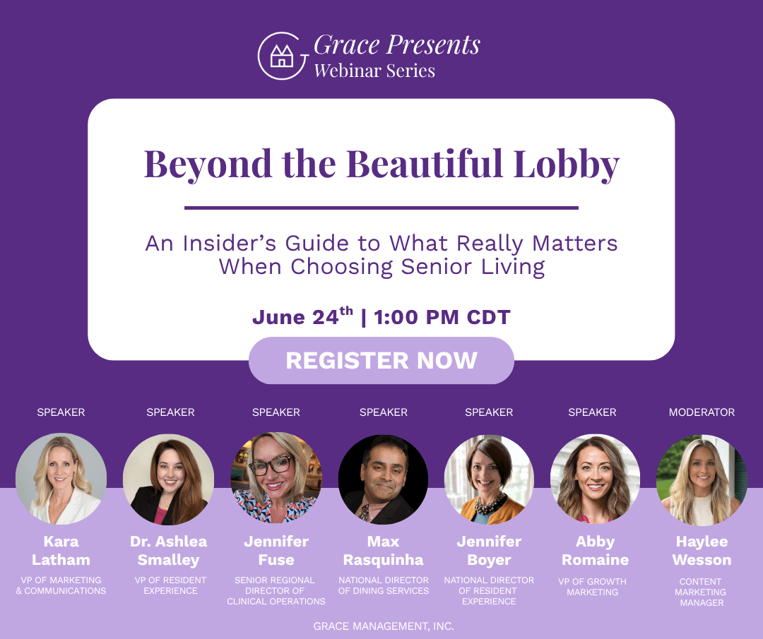 Promo for Grace Presents Webinar: 'Beyond the Beautiful Lobby' with date June 24th | 1:00 PM CDT and a 'Register Now' button; features six speakers and a moderator lineup on a purple background.