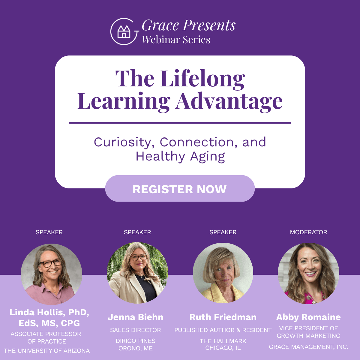 Promotional banner for Grace Presents Webinar Series: The Lifelong Learning Advantage, with a Register Now button and four speaker headshots.